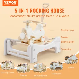 5 I 1 Rocking Horse for småbørn 1-3 år, baby gyngende hest med trampolin, aftagelig balancebestyrelse, skubbehåndtag og 4