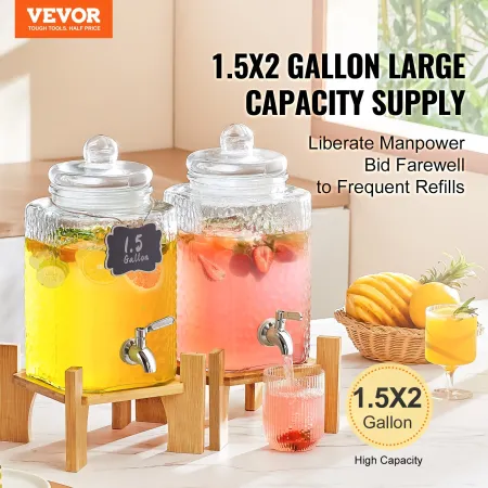 Beverage Dispenser, 1.5 Gallon Drink Dispensers for Parties, Glass Juice Dispenser with Stand, Stainless Steel Spigot, Iced Tea 