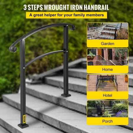 3-Step Transitional Handrail Fits 1 or 3 Steps Matte Stair Rail Wrought Iron Handrail with Installation Kit Hand Rails for Outdo