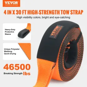 Recovery Tow Strap 4" x 30', 46,500 lbs Break Strength, Triple Reinforced Loop Straps, Tree Saver, Off Road Towing and