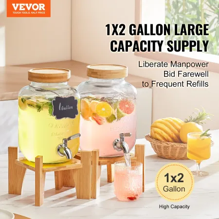 Beverage Dispenser, 1 Gallon Drink Dispensers for Parties, Glass Juice Dispenser with Stand, Stainless Steel Spigot, Iced Tea Le