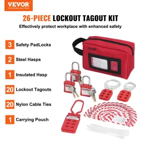 Elektrisk lockout -tagout -kit, 26 pcs Safety Loto Kit inkluderer hængelåser, hasps, tags, nylonbånd og bærepose, lockout