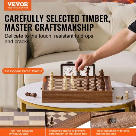 Solid Wood Chess Set, 15 inch 2-IN-1 Chess Checkers Game Set, Chess Board Games with Storage Drawer & Weighted Chess Checkers Pi