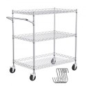 Kitchen Utility Cart, 3 Tiers, Wire Rolling Cart with 661LBS Capacity, Steel Service Cart on Wheels, Metal Storage Trolley with
