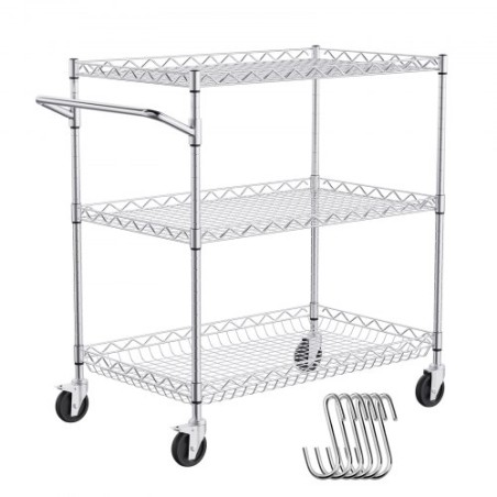 Kitchen Utility Cart, 3 Tiers, Wire Rolling Cart with 661LBS Capacity, Steel Service Cart on Wheels, Metal Storage Trolley with