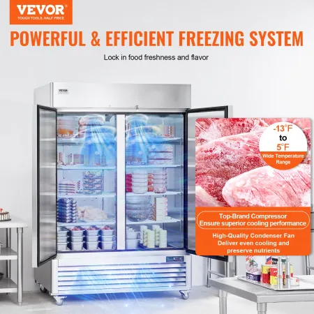 Commercial Freezer 38.83 Cu.ft, Reach In Upright Freezer 2 Doors, Auto-Defrost Stainless Steel Reach-in Freezer with 6