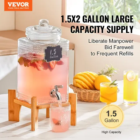 Beverage Dispenser, 1.5 Gallon/5.5 L Drink Dispensers for Parties, Glass Juice Dispenser with Stand, Stainless Steel Spigot, Ice