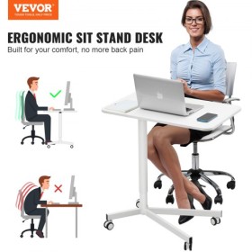 Mobile Standing Desk, 28.5"-44.2" Gas-Spring Height Adjustable Sit-Stand Desk, 360Â° Swivel Wheels (2 Lockable) Portable Rolling