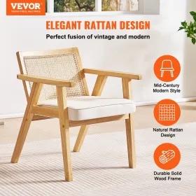 Rattan Chair, Mid Century Modern Dining Chair with Armrest, Upholstered Chair with Rattan Back, Retro Rattan Dining Room