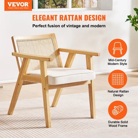 Rattandal, Mid Century Modern Spisestol med armlæn, polstret
