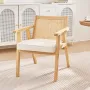 Rattan Chair, Mid Century Modern Dining Chair with Armrest, Upholstered Chair with Rattan Back, Retro Rattan Dining Room Kitchen