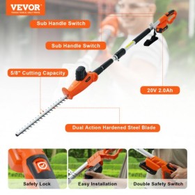20V Cordless Hedge Trimmer Telescoping Pole Hedge Trimmer 18 inch Blade