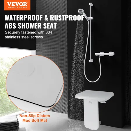 Folding ABS Shower Seat, 15.7'' x 16.7'' Unfolded, Wall Mounted Fold Up Shower Bench with 440 lbs Load Capacity, Space Saving Fo