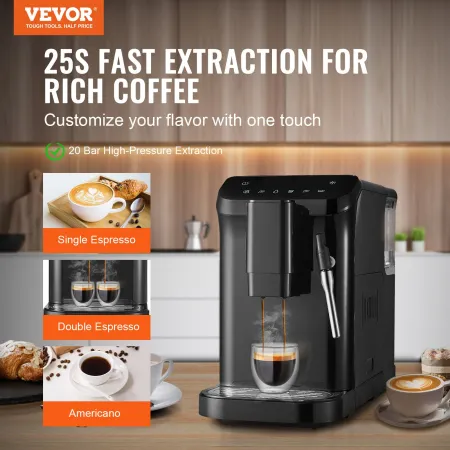 Automatic Espresso Machine, 20 Bar Auto Coffee Machine with Frother Steam Wand, Built-In Grinder and 15-Level Grinding Settings,