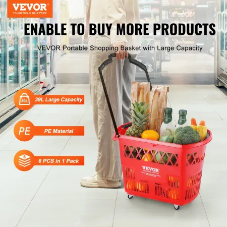 Shopping Baskets, 6PCS, 39L Shopping Carts with Handles, Plastic Rolling Shopping Basket with Wheels, Large Portable Shopping Ba