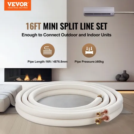 4876.8mm Mini Split Line Set, 9.5 & 15.9mm O.D Copper Pipes Tubing and Triple-Layer Insulation, for Air Conditioning or Heating 
