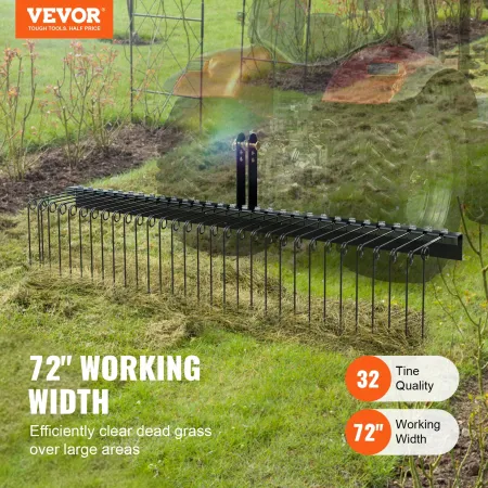 Tow Behind Landscape Rake 72"/183 cm Lawn Dethatcher Rake with 32 Steel Tines