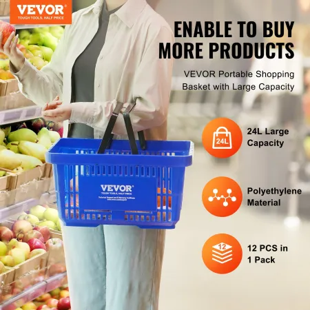Shopping Basket, Set of 12, 24L Durable Plastic Grocery Basket with Handle and Stand, 16.73 x 11.61 x 8.86 inch Portable Shop Ba