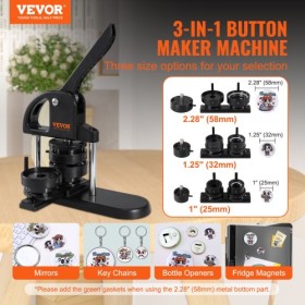 Button Maker Machine, 1/1.25/2.28 inch(25/32/58mm) 3-in-1 Pin Maker, Installation-Free Badge Punch Press Kit, Button Making