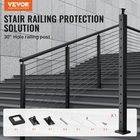 Cable Railing Post, 42" x 2" x 2" Steel 30° Angled Hole Stair Railing Post, 12 Pre-Drilled Holes, SUS304 Stainless Steel Cable R