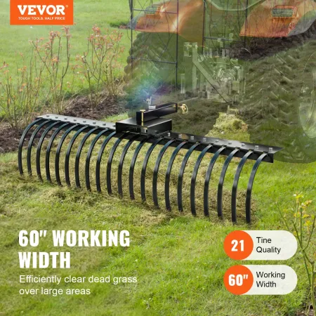 Tow Behind Landscape Rake, 60" Tow Dethatcher with 21 Steel Coil Tines, Lawn Dethatcher Rake Attaches to 48" or 60" Toolbars and