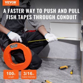 Fish Tape, 100 ft, 3/16-inch, Fiberglass Wire Puller with Optimized Housing and Handle, Easy-to-Use Cable Puller Tool, Flexible