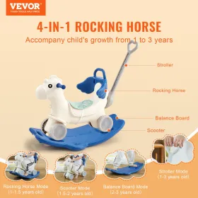 4 in 1 Rocking Horse for Toddlers 1-3 Years Ride on Toy with Sound Blue