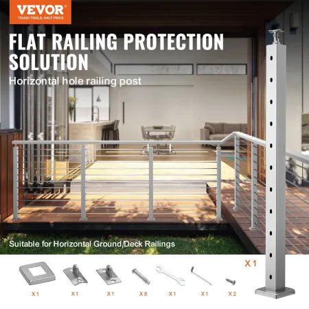 Cable Railing Post 36x2x2in/91.4x5.1x5.1 cm Horizontal Hole Deck Railing Post Silver 1Pack