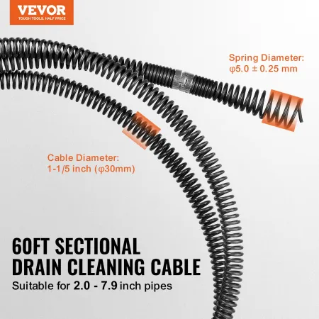 Drain Cleaning Cable 60 FT x 1-1/5 Inch, Professional Sectional Drain Cleaner Cable with 6 Cutters for 2.0" to 7.9" Pipes, Hollo
