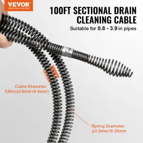 Sectional Drain Cleaning Cable 100FTx5/8In & 7 Cutters for 0.8"-3.9" Pipes