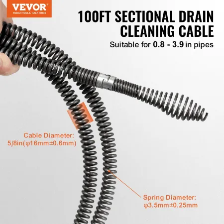 Sectional Drain Cleaning Cable 100FT/30.5 m x 5/8In/1.6 cm & 7 Cutters for 0.8"-3.9"/2-10 cm Pipes