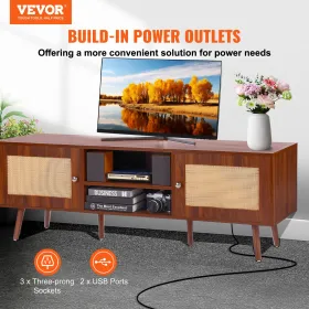Rattan TV Stand for 65" TV Boho TV Stand with Build-in Socket Walnut