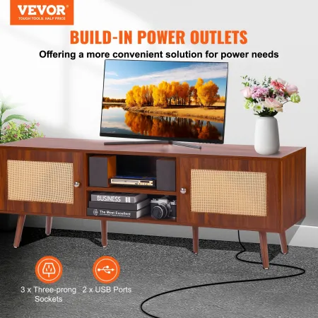 Rattan TV Stand, Mid Century Modern TV Stand for 65 inch TV, Boho Rattan TV Cabinet with Build-in Socket and USB Ports, Adjustab