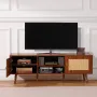 Rattan TV Stand, Mid Century Modern TV Stand for 65 inch TV, Boho Rattan TV Cabinet with Build-in Socket and USB Ports, Adjustab