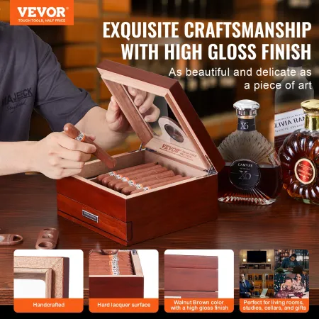 35 Cigar Humidor Glasstop Cedar Cigar Box Befugter & Hygrometer