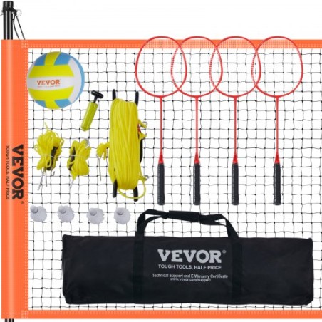 Volleyball and Badminton Set, Outdoor Portable Badminton Net, Adjustable Height Steel Poles, Professional Combo Set with PVC