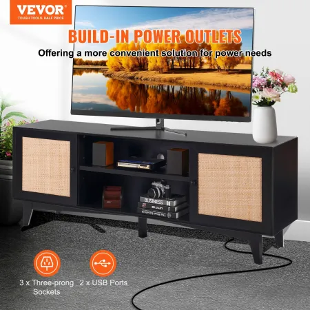 Rattan TV Stand for 75in TV, Boho TV Stand with Rattan Door, Entertainment Center with Build-in Socket, Storage Cabinet with 2 S