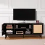 Rattan TV Stand for 75in TV, Boho TV Stand with Rattan Door, Entertainment Center with Build-in Socket, Storage Cabinet with 2 S