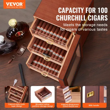 Cigar Humidor Cabinet, Handmade Spanish Cedar Wood Cigar Humidor for 100-150 Cigars, Glass Cigar Desktop Storage Case with Digit