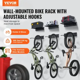 Bike Storage Rack Wall Mount Garage Bike Holder & 3 Shelves for 6 Bicycles