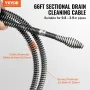 Sectional Drain Cleaning Cable 66FT/20.1 m x 5/8In/1.6 cm & 7 Cutters for 0.8"-3.9"/2-10 cm Pipes