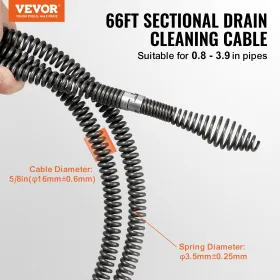 Sectional Drain Cleaning Cable 66FTx5/8In & 7 Cutters for 0.8"-3.9" Pipes