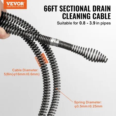 Sectional Drain Cleaning Cable 66FT/20.1 m x 5/8In/1.6 cm & 7 Cutters for 0.8"-3.9"/2-10 cm Pipes