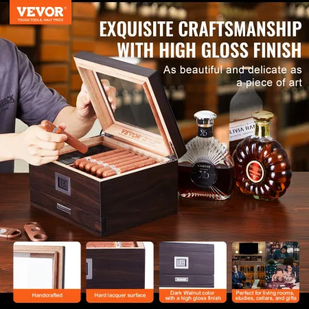 50 Cigar Humidor Glasstop Cedar Cigar Box Befugter & Hygrometer
