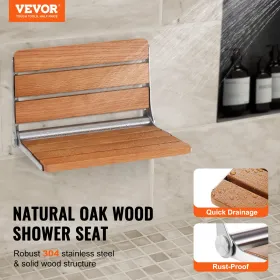 Folding Oak Shower Seat 16.1" x 13.4" Wall Mounted Shower Bench 440 lbs