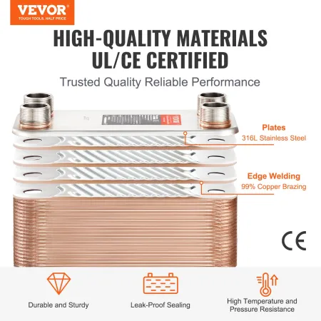 Heat Exchanger, 5"x 12" 100 Plates Brazed Plate Heat Exchanger, Copper/316L Stainless Steel Water To Water Heat Exchanger For Fl