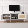 Rattan TV Stand for 65 inch TV, Boho TV Stand with Rattan Door, Entertainment Center with Build-in Socket and USB Ports, Modern 