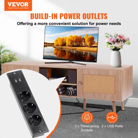 Rattan TV Stand for 65" (165.1 cm) TV Boho TV Stand with Build-in Socket Oak