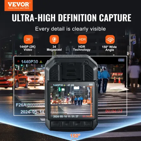 1440P HD Police Body Camera, 64GB Body Cam with Audio Video Recording Picture, Built-in 2850 mAh Battery, 2.0" LCD, Infrared Nig