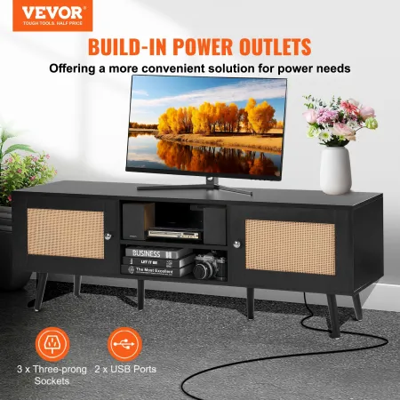 Rattan TV Stand for 65 inch TV, Boho TV Stand with Rattan Door, Entertainment Center with Build-in Socket and USB Ports, Modern 